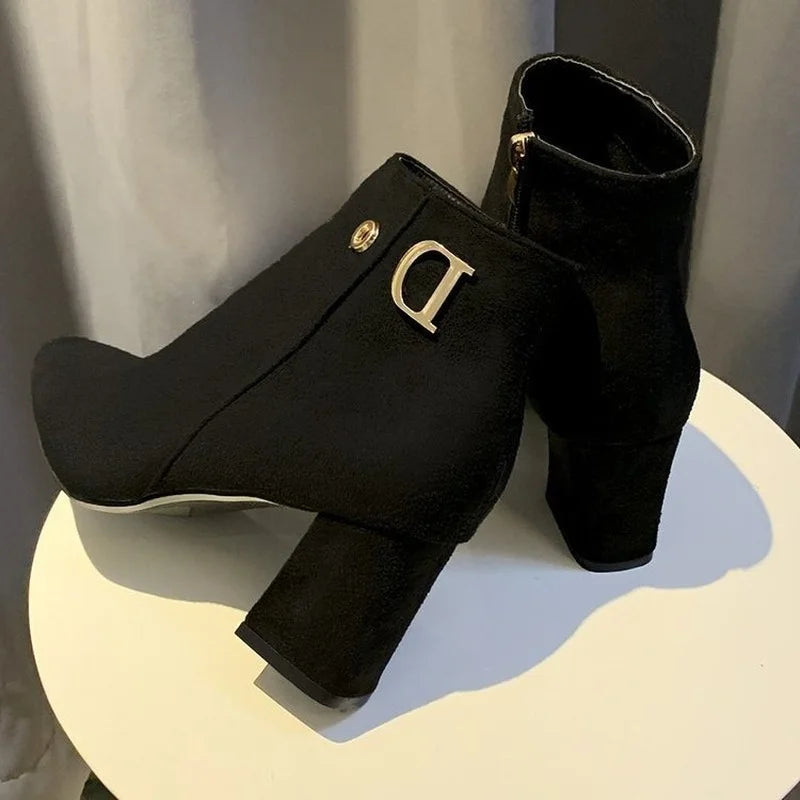 Women Ankle Boots Black Leather Fashion Ankle Boots Women Mid-heel Pointed Ladies Booties High Heel Short Wedding Boots