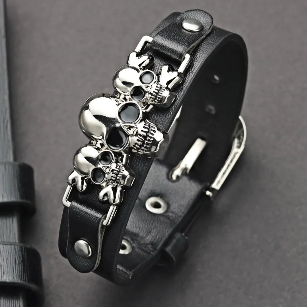 Cool Skeleton Skull Bracelets Rock Leather Belt Buckle for Women Men Unisex Punk Gothic Charm Jewelry Gifts Wholesale