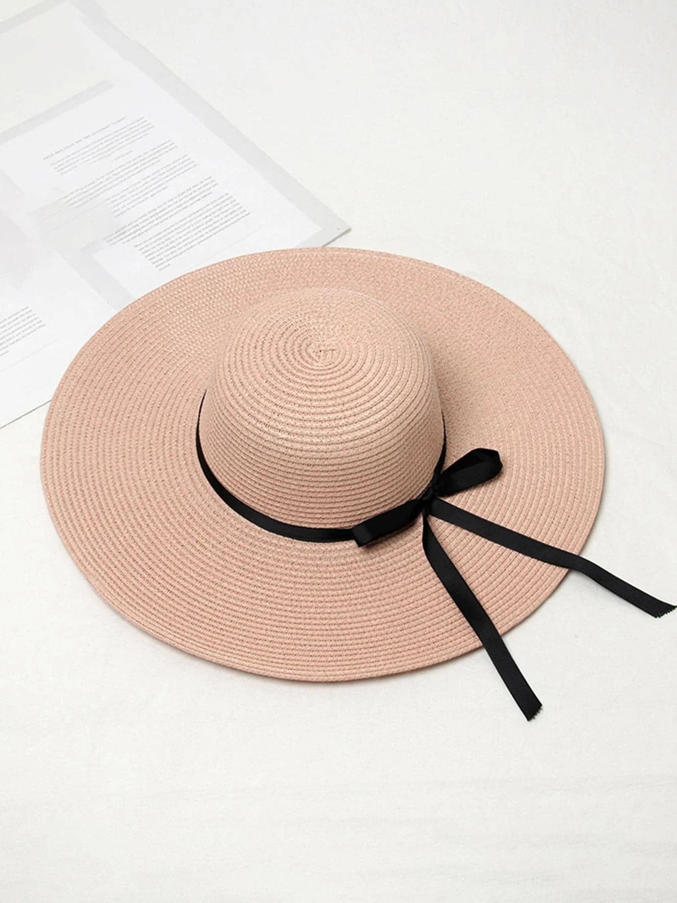 1pc Women Solid Bow Decor Wide Brim Sun Protection Straw Hat For Beach