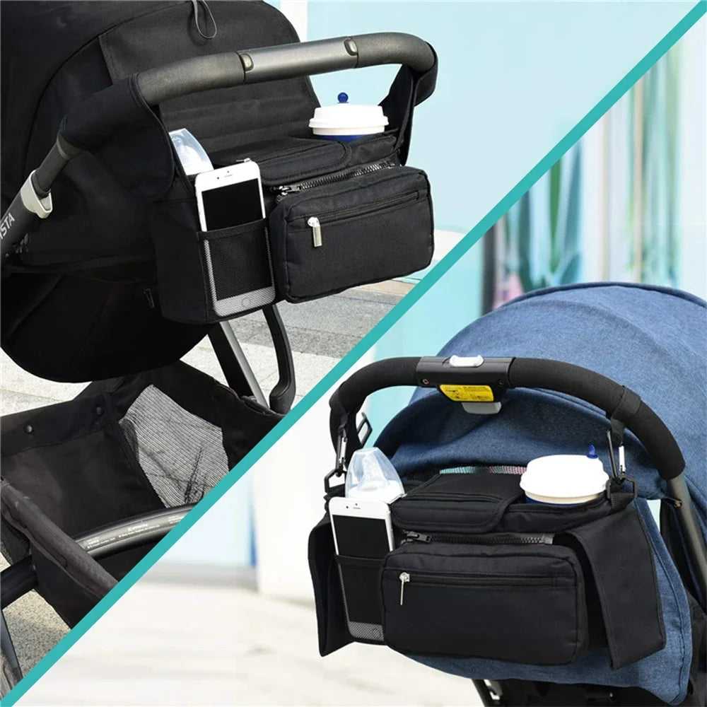 Baby Stroller Organizer with 2 Insulated Cup Holder Detachable Zippered Pocket & Adjustable Shoulder Strap, Universal Stroller A