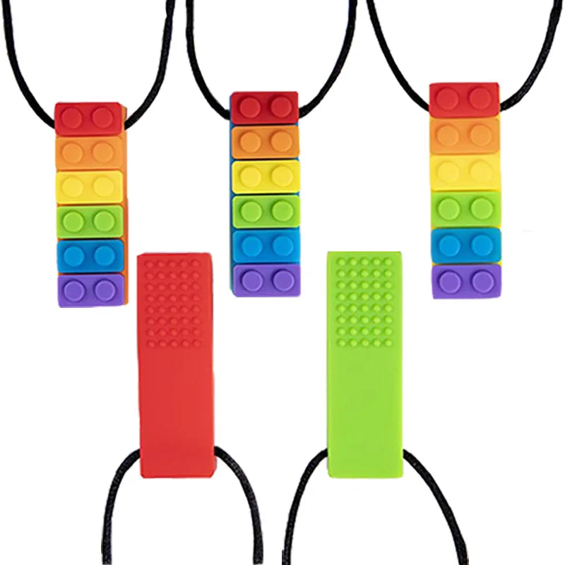 1PC Rainbow Brick Chew Necklace Baby Silicone Teether Autism Sensory Chewy Toys