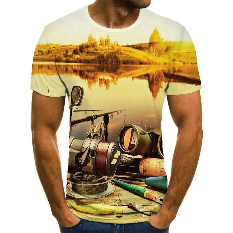 Summer Men's Casual Outdoor Fishing Pattern T-Shirt Fashion Creative 3d Printed O Collar Short Sleeve Street Personality Blazer