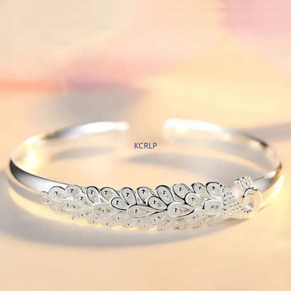 KCRLP 925 sterling silver elegant Peacock opening screen bracelet Bangles for women fashion party wedding  jewelry gift