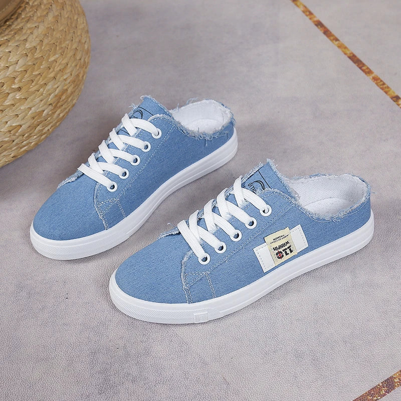 New 2024 Spring Summer Women Canvas Shoes Flat Sneakers Women Casual Shoes Low Upper Lace Up White Shoes Large Size 43