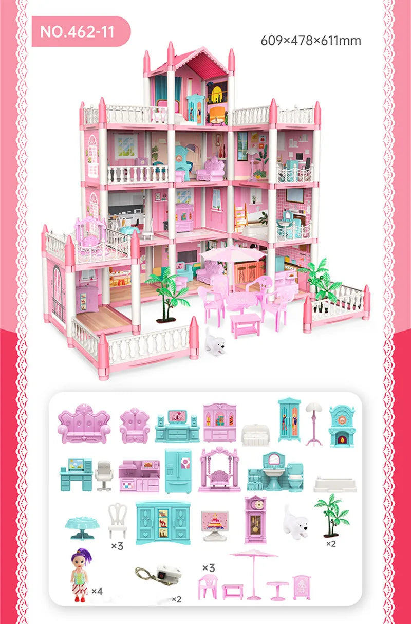 3D DIY Dream Princess Castle Villa Assembly Doll House Set Toy Girl Family Toy Children's Music Doll House Assembly Villa House