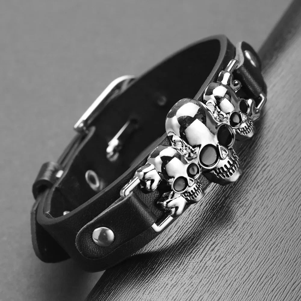 Cool Skeleton Skull Bracelets Rock Leather Belt Buckle for Women Men Unisex Punk Gothic Charm Jewelry Gifts Wholesale