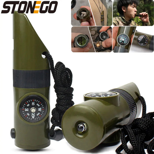 7 in 1 Jungle Survival Whistle Hiking Whistle Compass Mirror Flashlight Magnifier LED Light Thermometer Storage Compass Tool