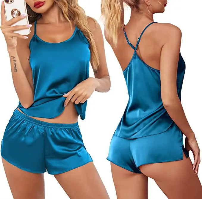 Women's Sleepwear Sexy Lace Satin Pajama Sets Nightwear Sleeveless Tops+Shorts 2 Pcs Sets Pyjama Sets For Women Pijama