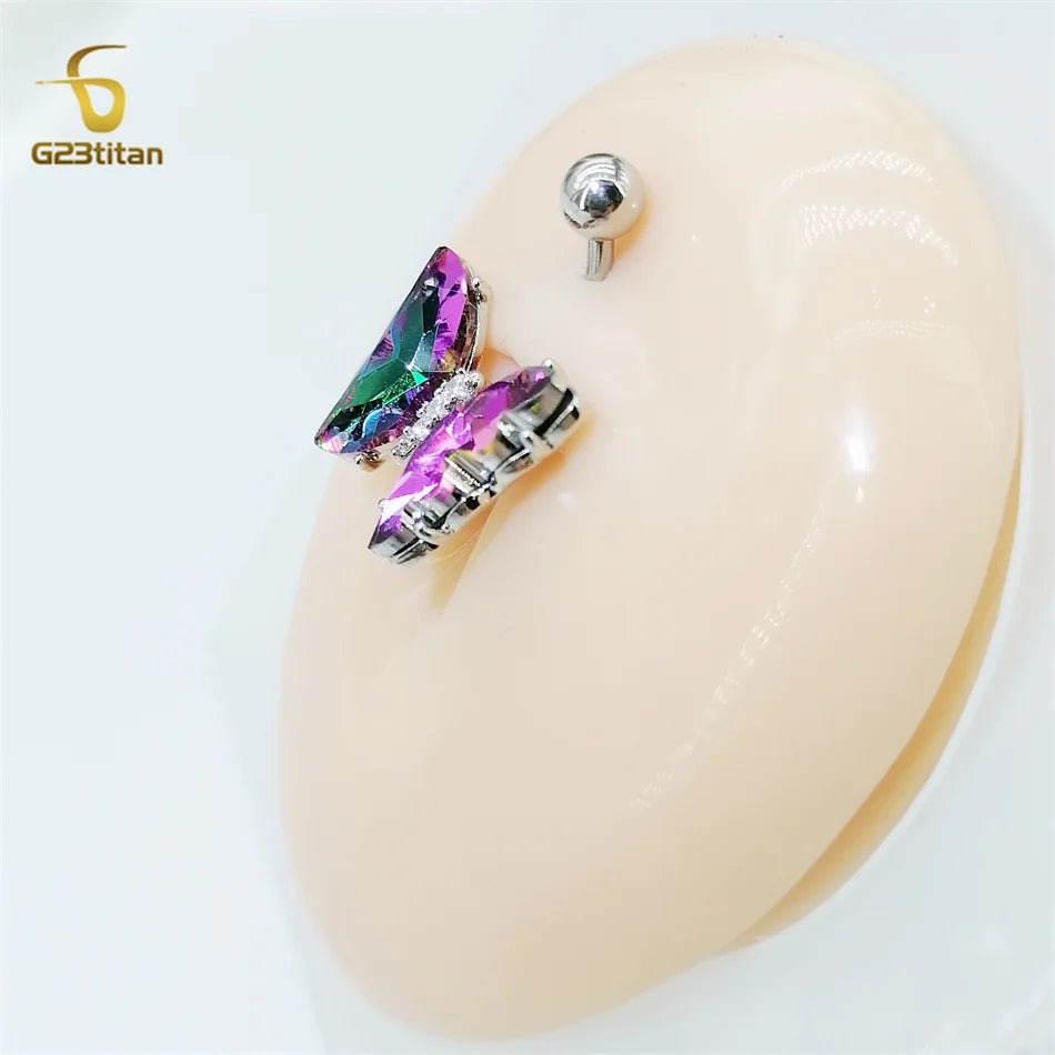 G23titan Colorful Zircon Butterfly Belly Button Ring Hypoallergenic Surgical Steel or Titanium Navel Barbell Umbilical Piercing