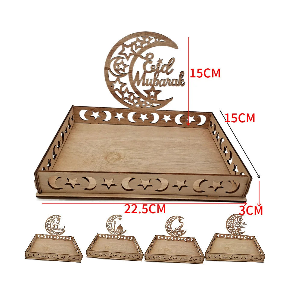 Eid Mubarak Wooden Tray Hollowed Moon Temple Food Holders for Ramadan Kareem Islamic Party Food Holder Al-Fitr Table Decorations