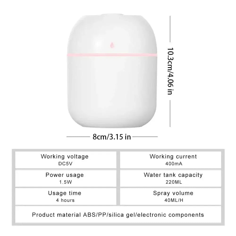 220ML Mini Humidifier Portable Spray Mist USB Ultrasonic Desktop Indoor Household Oil Essential Mute Air Diffuser Atomization