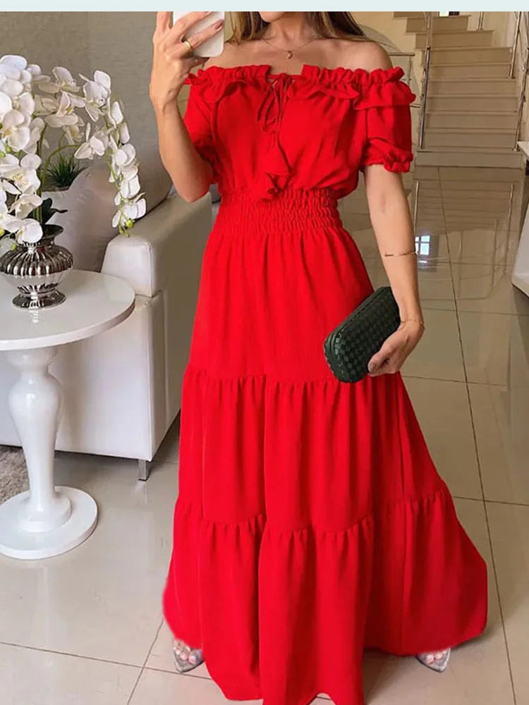 2024 Summer Solid Boho Dress Women Fashion Elegant Beach Party Dress Casual Slash Neck Office Maxi Dresses For Woman Robe Femme