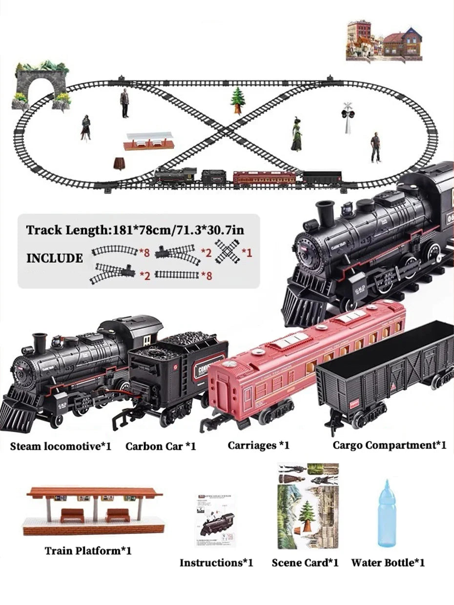 Classical Battery Operate Electric Railway Train Steam Locomotive Set Adding Water to Smoke Train Toys with Light&Sound ﻿