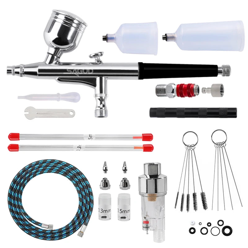 Dual Action Airbrush Kit Gravity Air Brush Gun with 0.3/0.5mm Nozzle Cleaning Brush Accessories for Nails Cake Model Painting