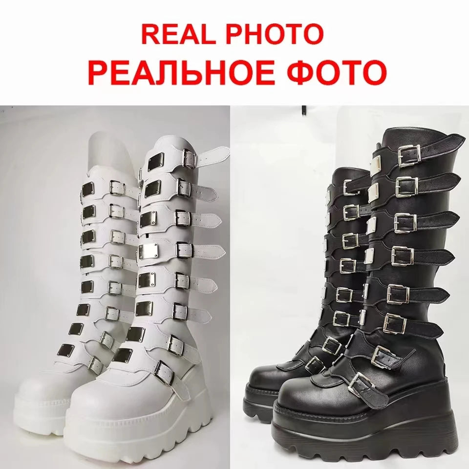 Long Boots Women Gothic Shoes Platform Knee High Boots Punk Black Sexy Motorcycles Boots 2024 New Halloween Cosplay Women Boots