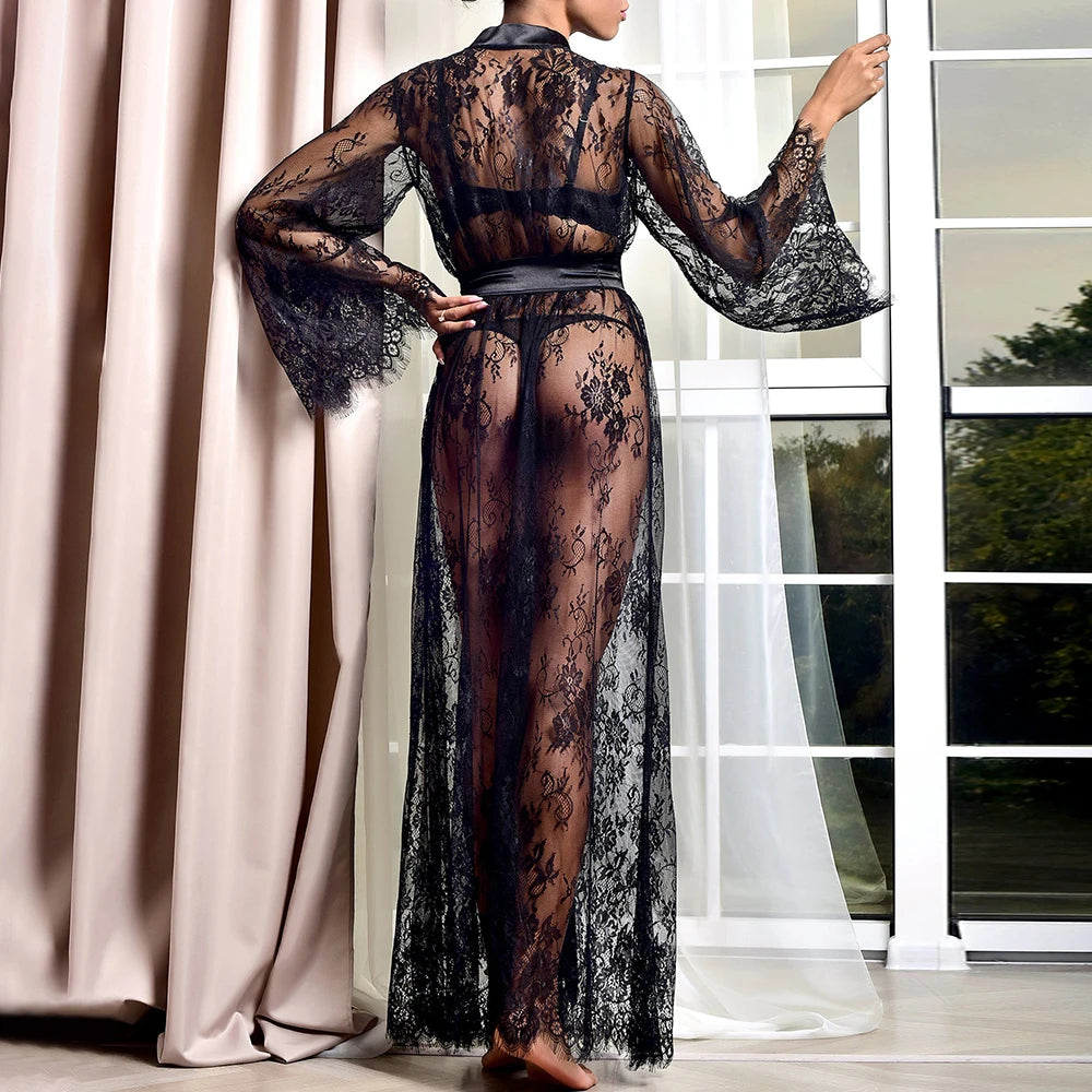 Female Lingeries Mesh Sheer Sensual Cardigan Nightwear Nightdress Babydoll Nightgown Loungewear Long Bathrobes Erotic Pajamas