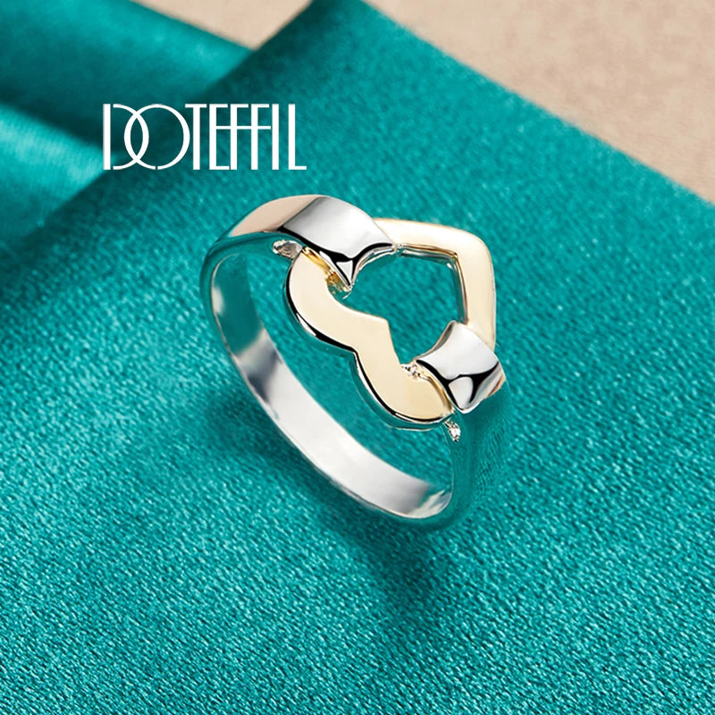 DOTEFFIL 925 Sterling Silver Gold Heart Ring For Women Wedding Engagement Party Fashion Charm Jewelry