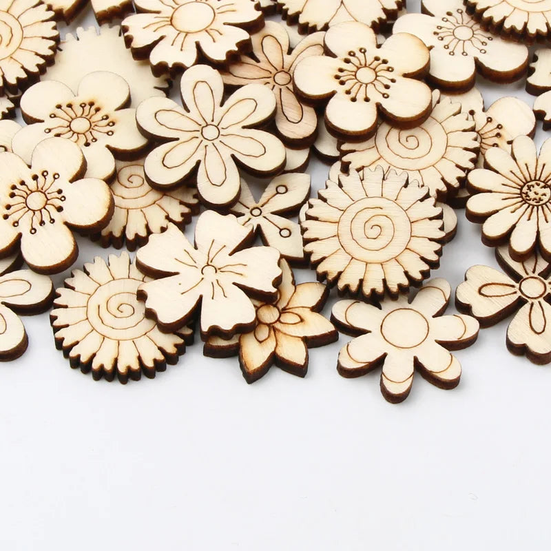 50Pcs 20/25mm Mixed Flower Wood Slice Scrapbooking Wooden Crafts For Embellishment Handmade Accessories DIY Home Decoration