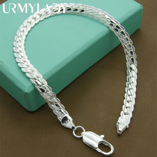 URMYLADY 925 Sterling silver Classic flat sideways chain Bracelets for women men's Fashion Party Wedding Jewelry Gifts pulseras