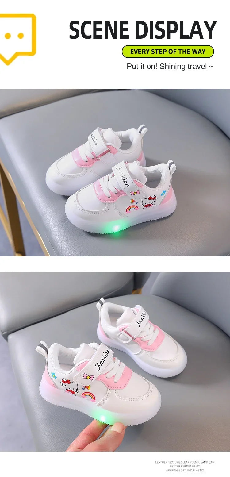 Sanrio LED Kids Shoes for Girls Cute Cartoon Hello Kitty Shoes Summer Girl Kawaii Shoes Soft Bottom Sneakers Casual Shoes