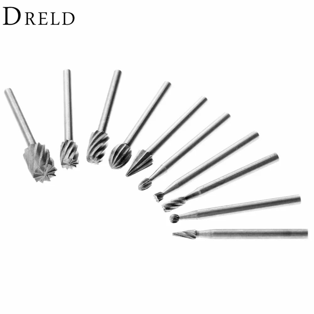 10Pcs 1/8 HSS Routing Router Drill Bits Set for Dremel Carbide Rotary Burrs Tools Wood Stone Metal Root Carving Milling Cutter