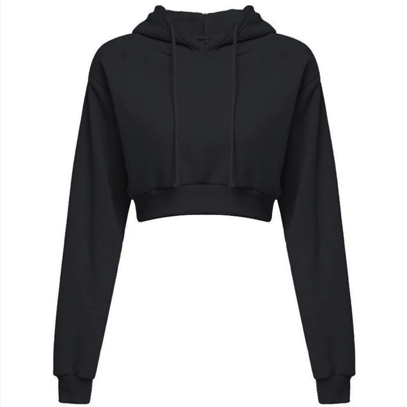 Sporty pullover Long sleeve casual open navel solid hooded Sweatshirt short top Hoodie sweater