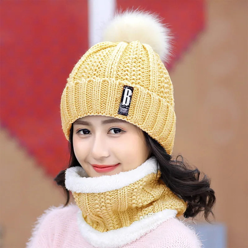 Winter Knitted Scarf Hat Set Thick Warm Skullies Beanies Hats for Women Outdoor Cycling Riding Ski Bonnet Caps Tube Scarf Rings