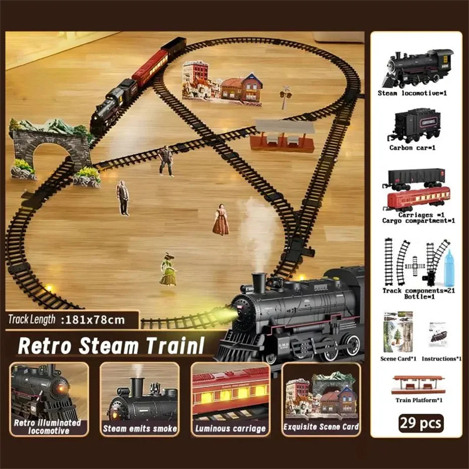 Classical Battery Operate Electric Railway Train Steam Locomotive Set Adding Water to Smoke Train Toys with Light&Sound ﻿