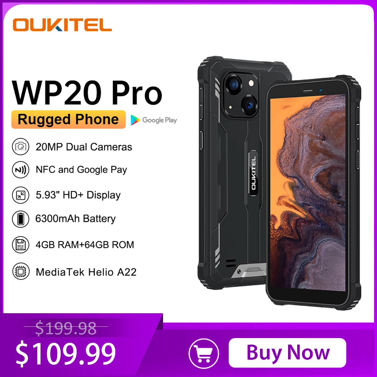 Oukitel WP20 Pro Rugged Smartphone 5.93" 4GB+64GB 6300mAh Octa Core Mobile phone 20MP Cell phone NFC