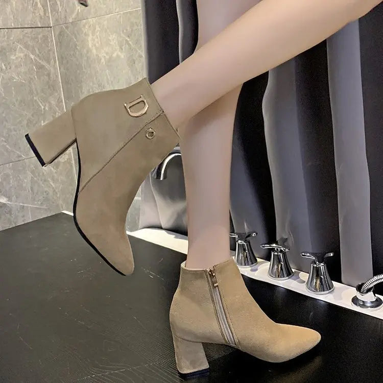 Women Ankle Boots Black Leather Fashion Ankle Boots Women Mid-heel Pointed Ladies Booties High Heel Short Wedding Boots