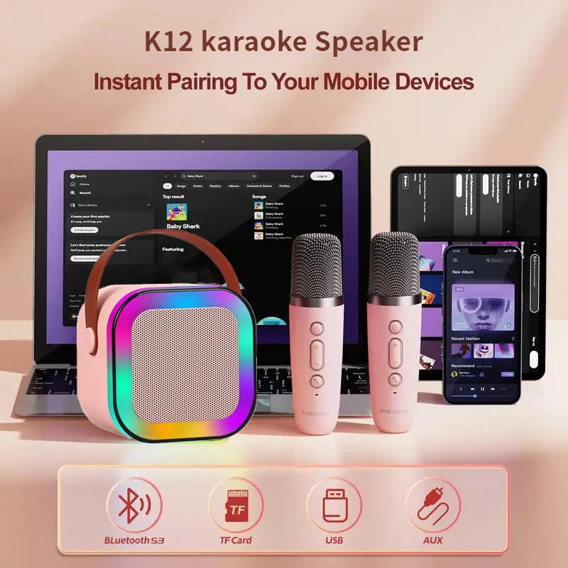 K12 karaoke machine portable 5.3 PA Bluetooth speaker system with 1-2 wireless microphones RGB lights audio home KTV kid gifts