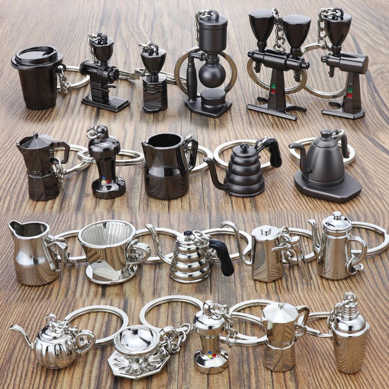 3D Mini Alloy Metal Coffee Equipment Key ring Moka Pot Coffee Cup Bucket Keyring Cafe Gift for Coffee Lovers Keychain Pendants