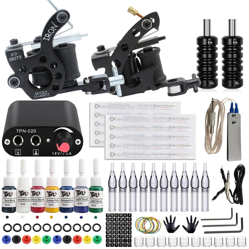 Complete Tattoo Coil Machine Kit Tattoo Machine Gun Set with Power Supply Needles Inks Grips Set for Permanent Makeup Supply