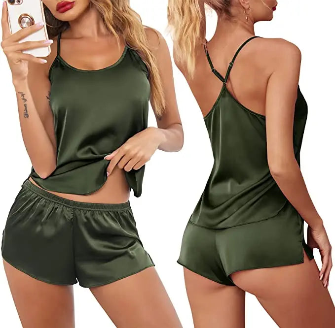 Women's Sleepwear Sexy Lace Satin Pajama Sets Nightwear Sleeveless Tops+Shorts 2 Pcs Sets Pyjama Sets For Women Pijama