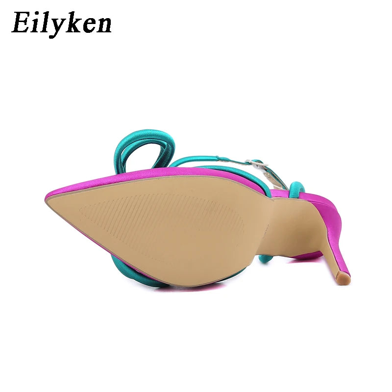 Eilyken 2024 New Arrival Silk Pumps Woman Ankle Buckle Strap Pointed Toe Hih Heel Sandal Sexy Party Nightclub Wedding Shoes