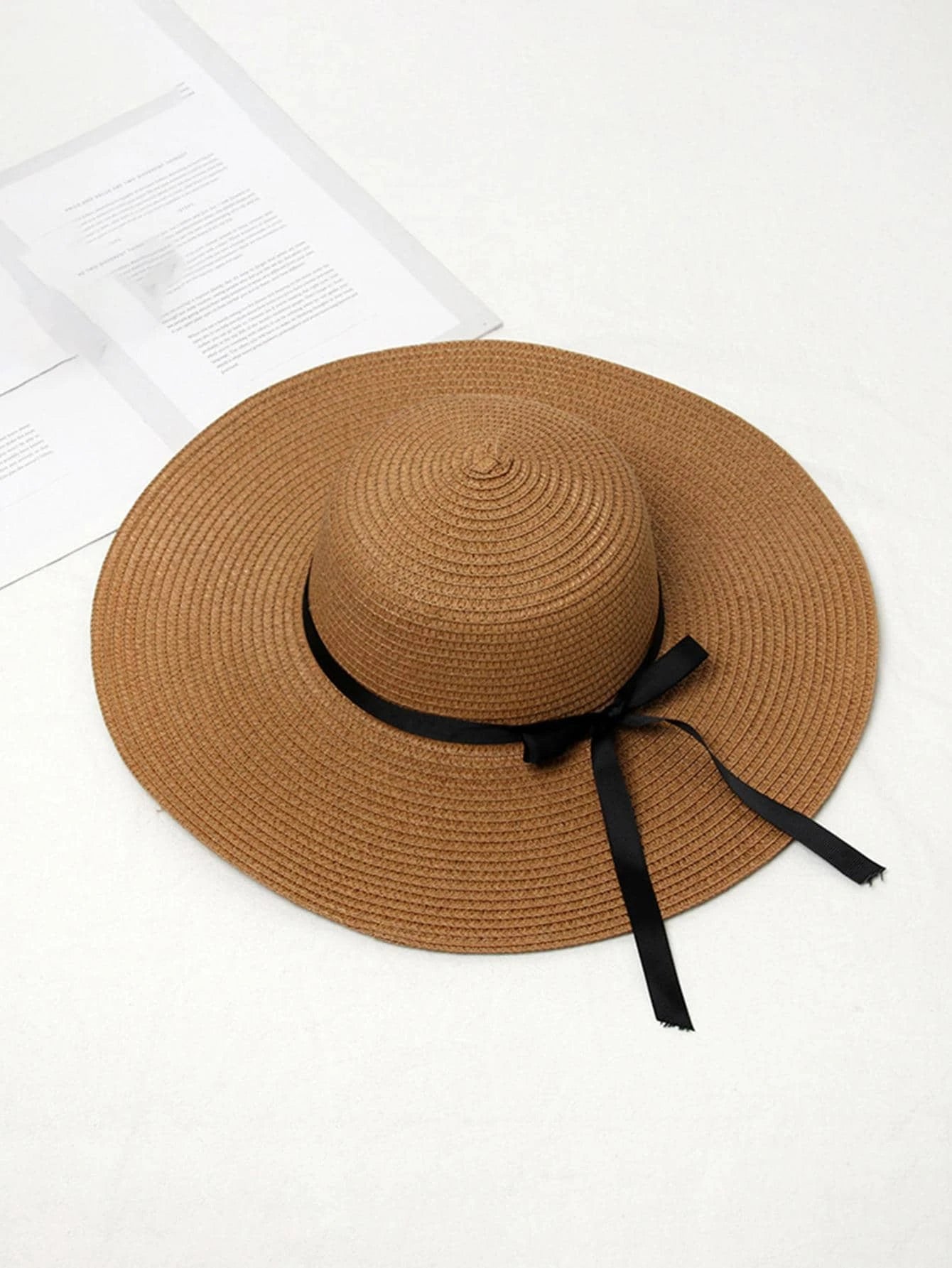 1pc Women Solid Bow Decor Wide Brim Sun Protection Straw Hat For Beach