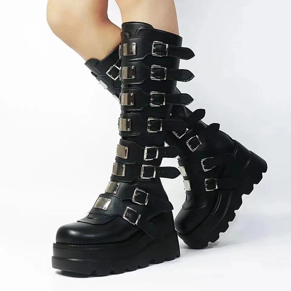 Long Boots Women Gothic Shoes Platform Knee High Boots Punk Black Sexy Motorcycles Boots 2024 New Halloween Cosplay Women Boots