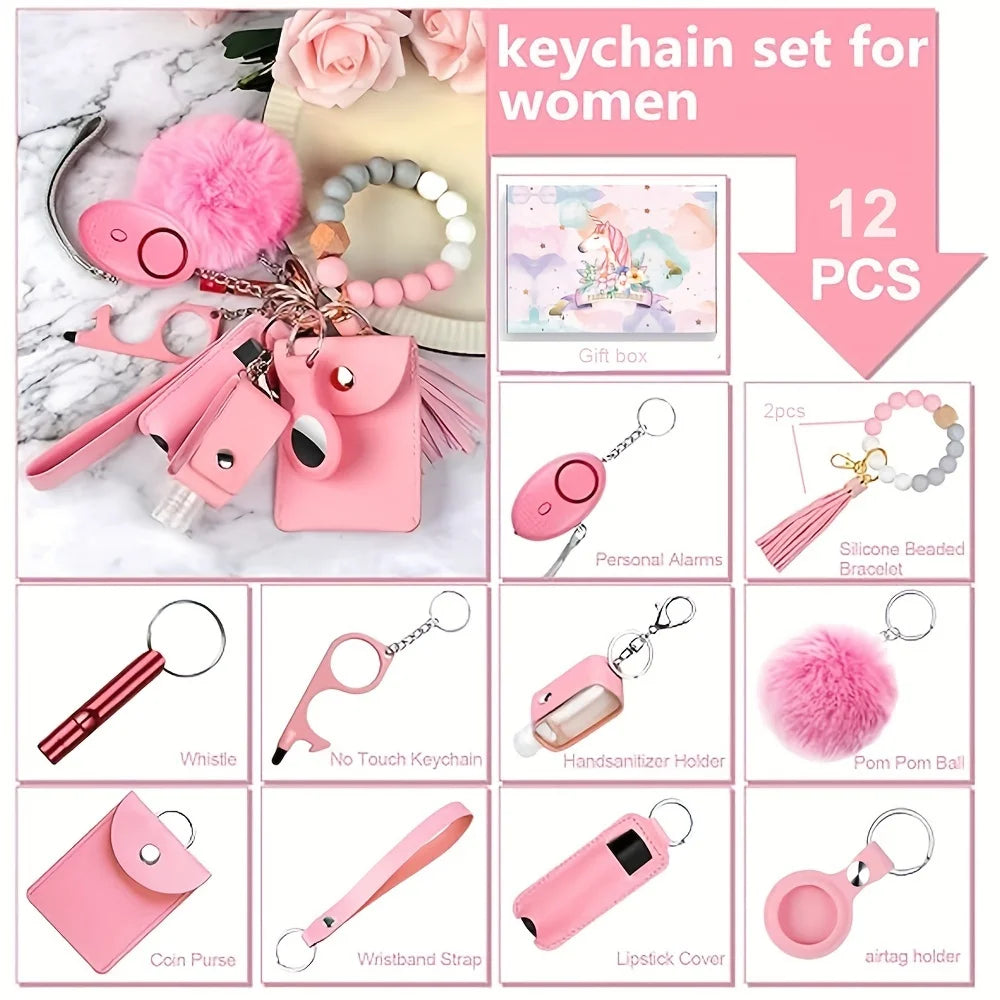 12pcs New Safety Keychain Set For Women With Gift Packaging, Women's Keyrings Set Made Of PU Faux Leather With Personal Alarm