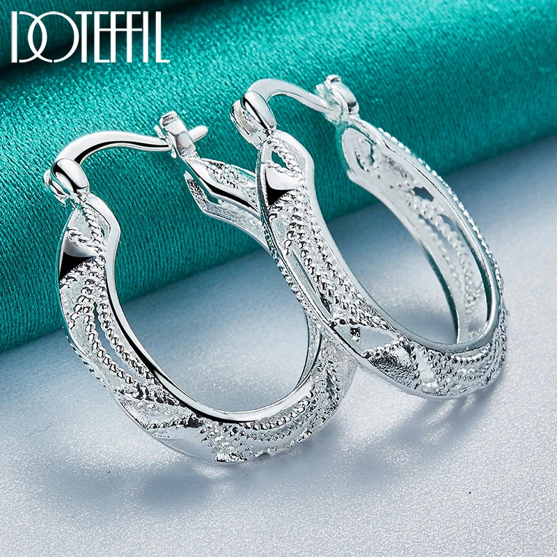 DOTEFFIL 925 Sterling Silver Retro Hollow Flower 30mm Hoop Earring For Woman Fashion Party Wedding Engagement Party Jewelry