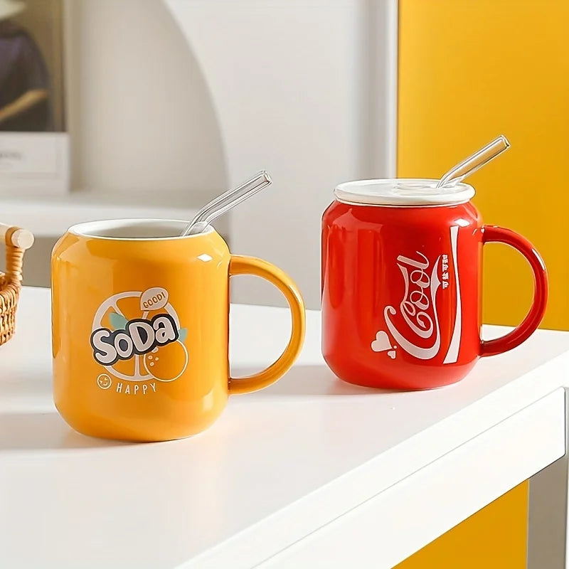 Cola Coffee Mug with Lid and Straw, Ceramic Coffee Cups, Water Cups, Home Kitchen Items, Birthday Gifts, 400ml, 13.5oz