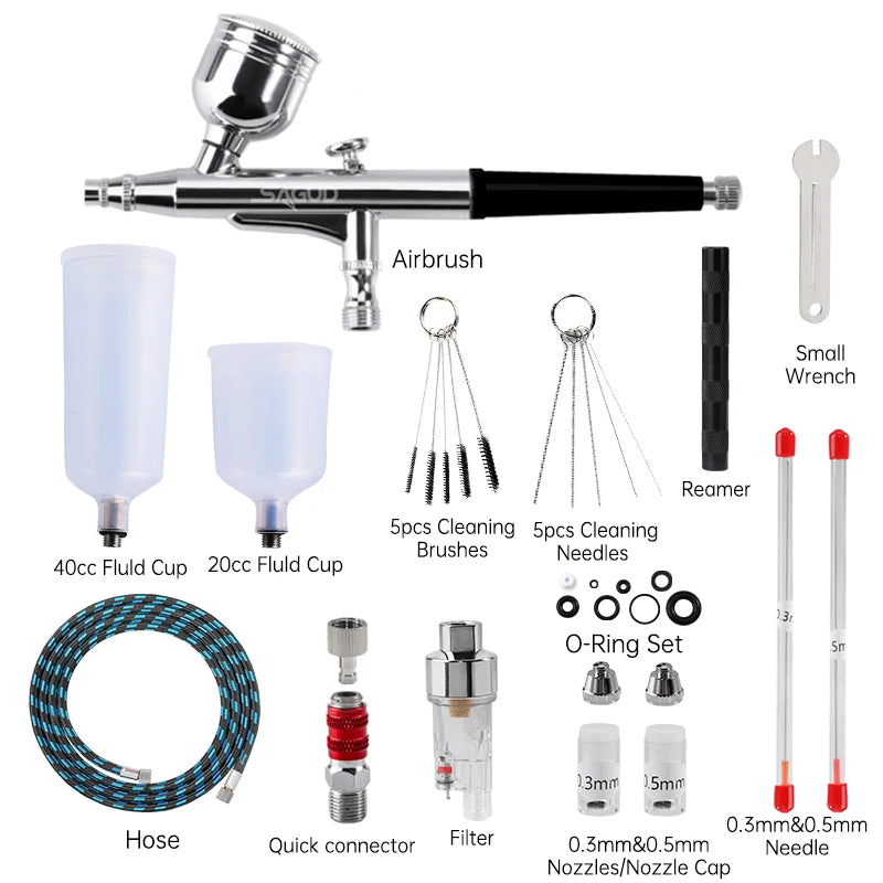 Dual Action Airbrush Kit Gravity Air Brush Gun with 0.3/0.5mm Nozzle Cleaning Brush Accessories for Nails Cake Model Painting