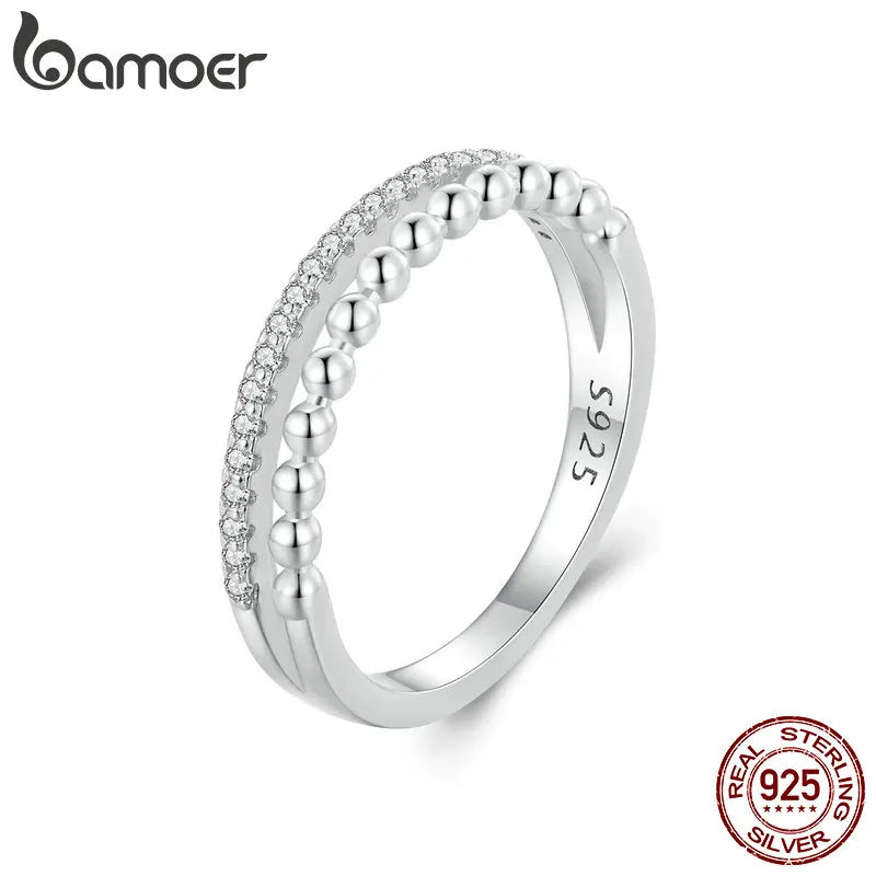 Bamoer 925 Sterling Silver Double Layer Ring Stackable Finger Ring for Women Engagement Band Fine Jewelry Gift