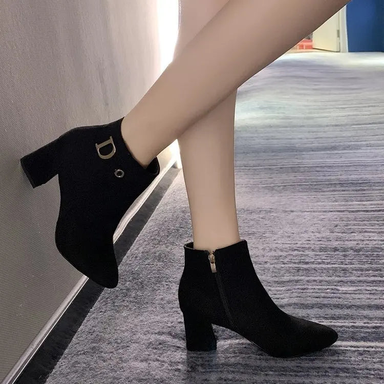 Women Ankle Boots Black Leather Fashion Ankle Boots Women Mid-heel Pointed Ladies Booties High Heel Short Wedding Boots