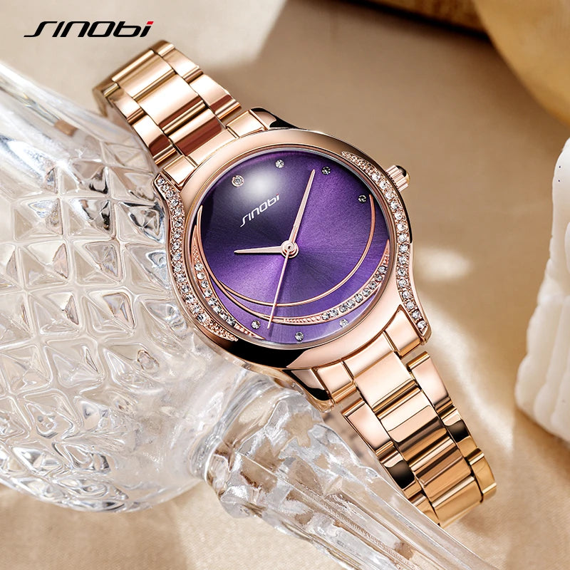 Sinobi Purple Golden Ladies Clock Fashion Diamond Luxury Woman's Quartz Wristwatches Original Design Lady Watches Girl Bracelet