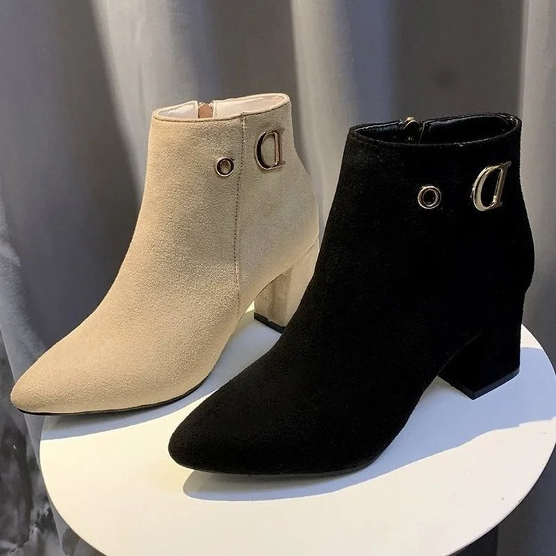 Women Ankle Boots Black Leather Fashion Ankle Boots Women Mid-heel Pointed Ladies Booties High Heel Short Wedding Boots