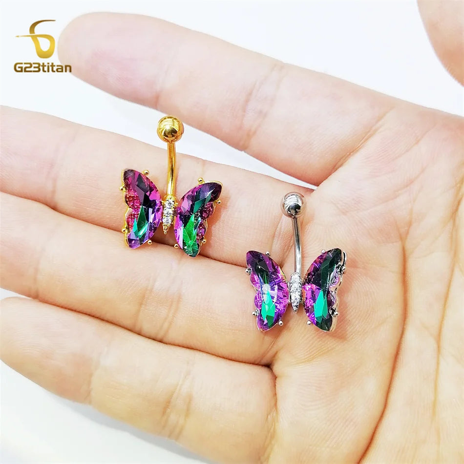 G23titan Colorful Zircon Butterfly Belly Button Ring Hypoallergenic Surgical Steel or Titanium Navel Barbell Umbilical Piercing