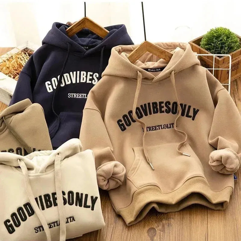 Autumn Winter Thicken Warm Women Hoodie Fashion Letter Print Plus Velvet Sweatshirts Harajuku All-Match Pockets Hooded Pullovers