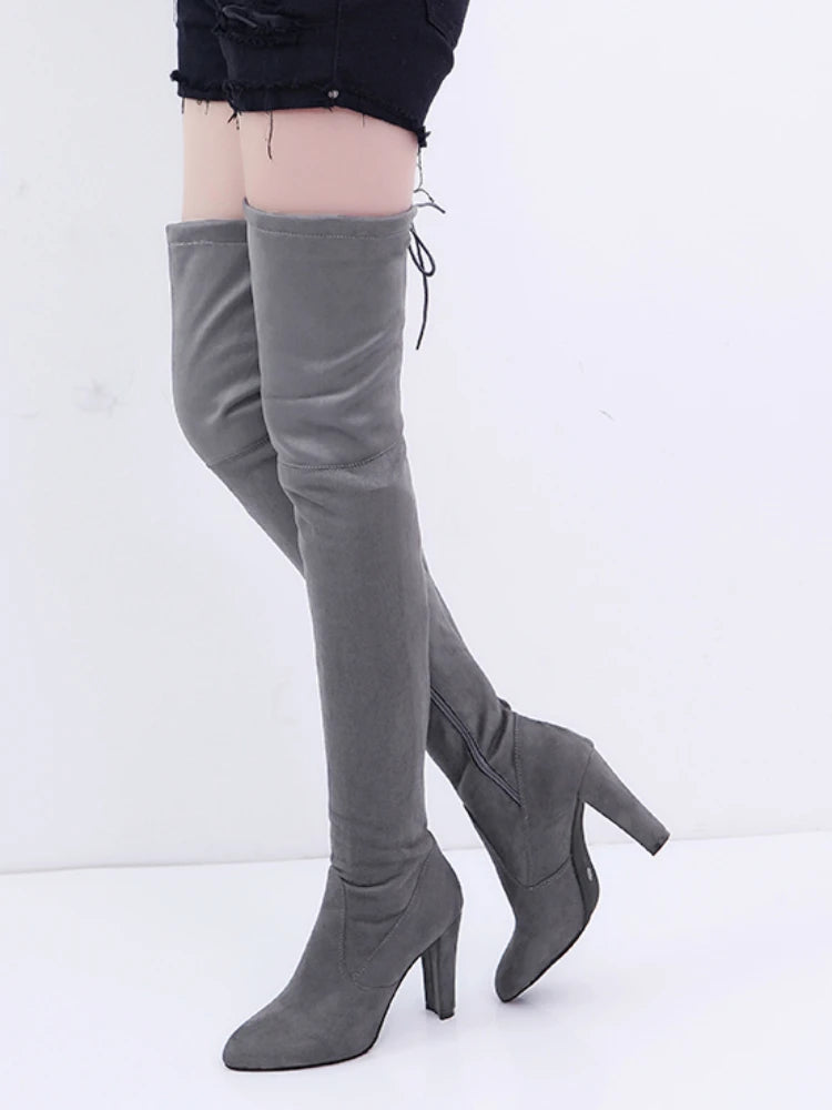 The Knee Women Boots Stretch Fabrics High Heel Slip On Shoes Pointed Toe Woman Long Boots Size Plus Size34-43