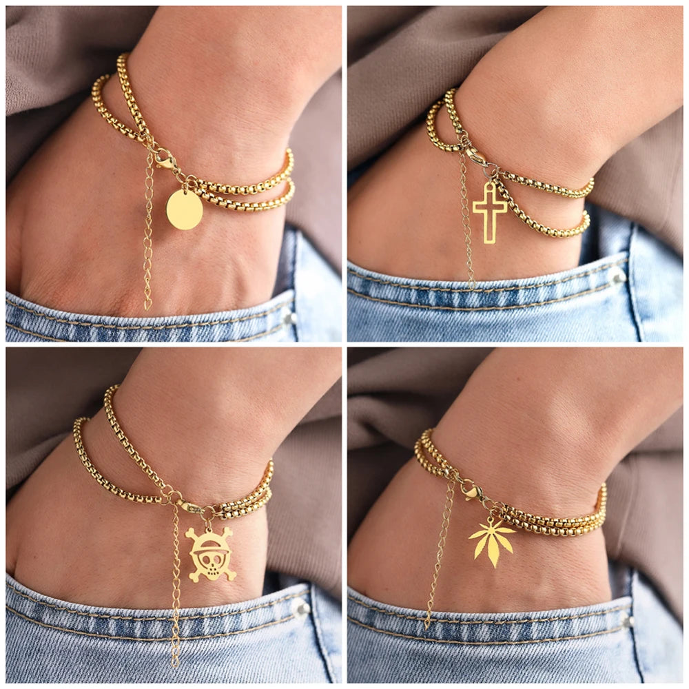 Stainless Steel Bracelets Double Chain Cross Skull Circle Mountain Pendants Hip Hop Punk Gothic Male Bracelet For WOmen Jewelry