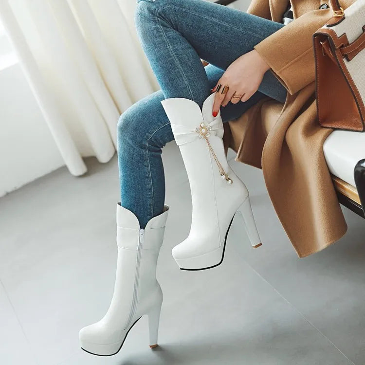 Autumn And Winter New fashion zipper Crystal Flower Thick heel High heel Middle tube Women's Boots high 10cm plus size 35-43